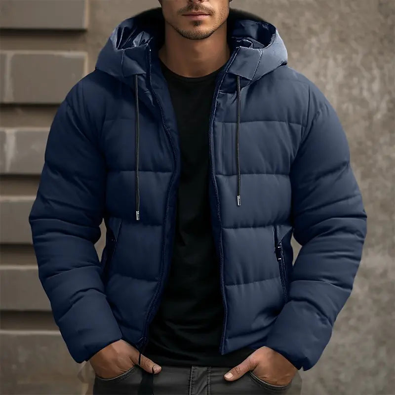 Men’s Hooded Puffer Winter Jacket – Regular-Fit Insulated Zip-Up Coat with Drawstring Hood and Secure Pockets for Outdoor Wear