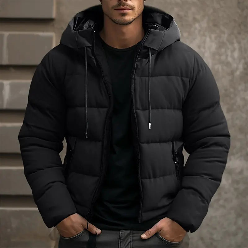 Men’s Hooded Puffer Winter Jacket – Regular-Fit Insulated Zip-Up Coat with Drawstring Hood and Secure Pockets for Outdoor Wear