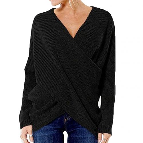 Women’s Wrap Front V-Neck Sweater – Relaxed Long-Sleeve Knit for Smart Casual Wear