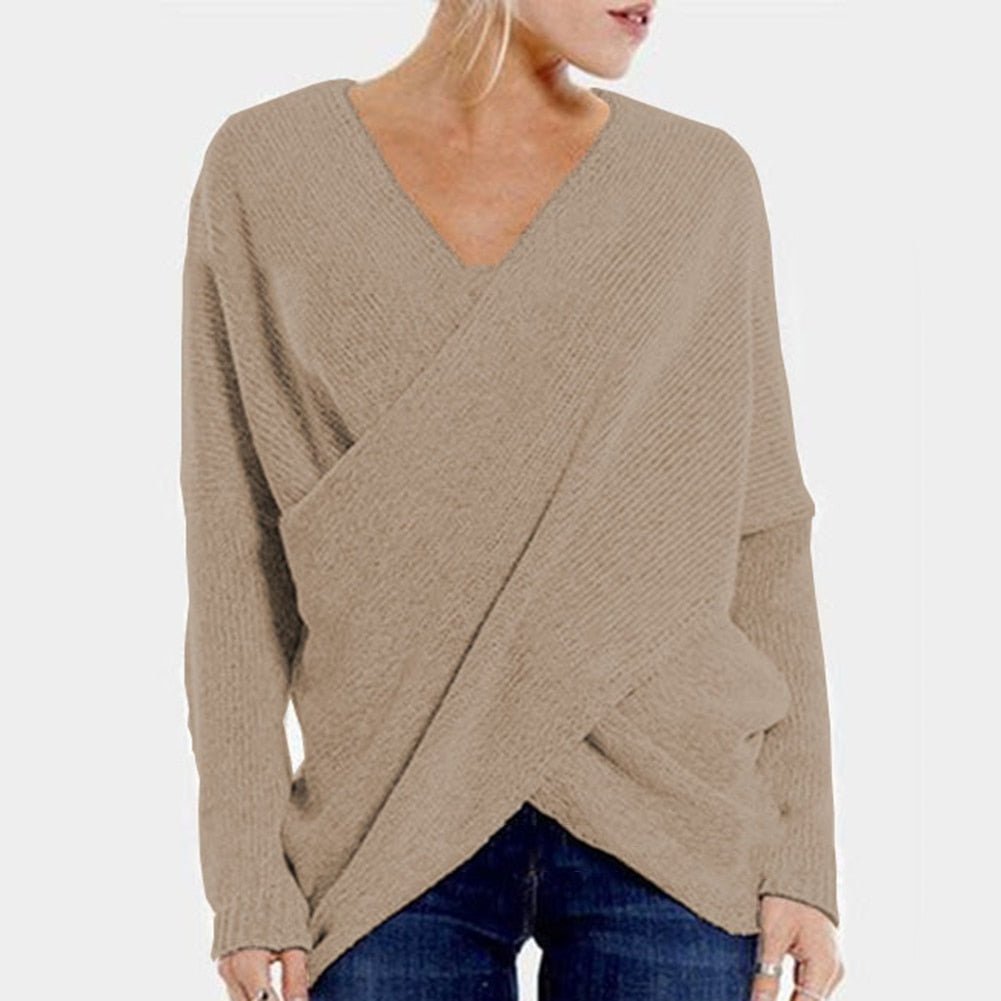 Women’s Wrap Front V-Neck Sweater – Relaxed Long-Sleeve Knit for Smart Casual Wear