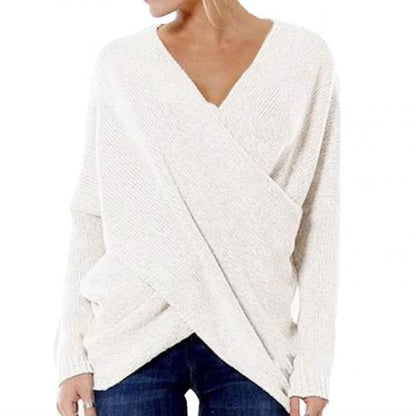 Women’s Wrap Front V-Neck Sweater – Relaxed Long-Sleeve Knit for Smart Casual Wear