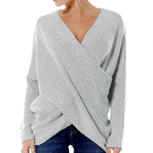 Women’s Wrap Front V-Neck Sweater – Relaxed Long-Sleeve Knit for Smart Casual Wear