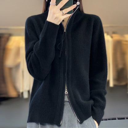 Women’s Wool Zip-Up Cardigan – Oversized High-Neck Knit Sweater with Ribbed Trims and Front Pockets