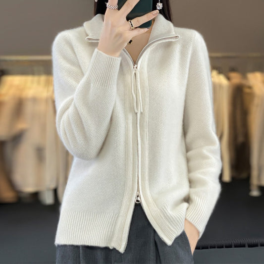 Women’s Wool Zip-Up Cardigan – Oversized High-Neck Knit Sweater with Ribbed Trims and Front Pockets