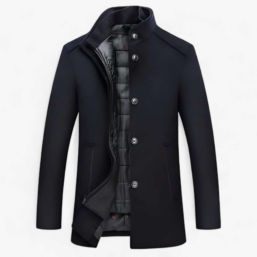 Men’s Wool Stand-Collar Coat – Button-Front Winter Overcoat with Padded Inner Layer for Formal and Smart Casual Wear