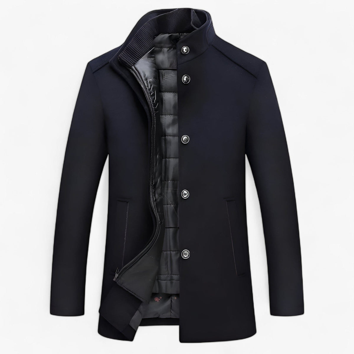 Men’s Wool Stand-Collar Coat – Button-Front Winter Overcoat with Padded Inner Layer for Formal and Smart Casual Wear