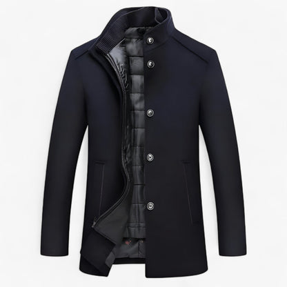 Men’s Wool Stand-Collar Coat – Button-Front Winter Overcoat with Padded Inner Layer for Formal and Smart Casual Wear