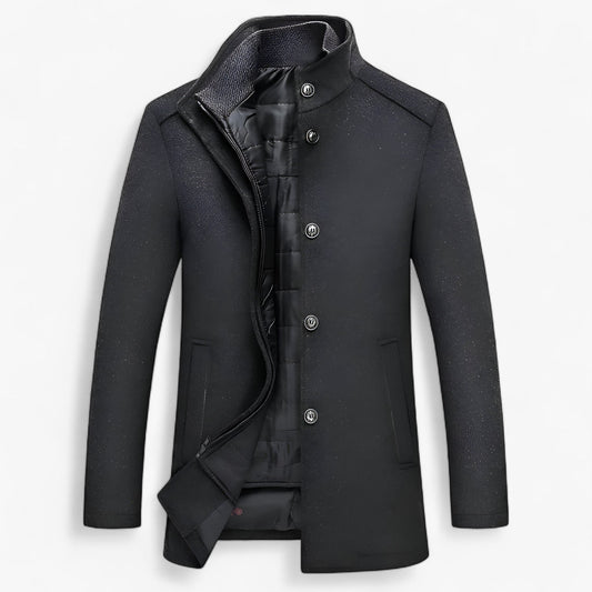 Men’s Wool Stand-Collar Coat – Button-Front Winter Overcoat with Padded Inner Layer for Formal and Smart Casual Wear