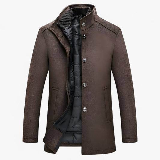 Men’s Wool Stand-Collar Coat – Button-Front Winter Overcoat with Padded Inner Layer for Formal and Smart Casual Wear