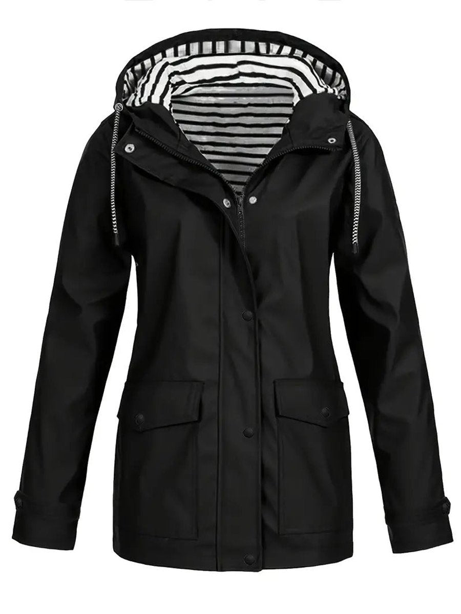 Women’s Raincoat – Waterproof Hooded Coat with Striped Lining