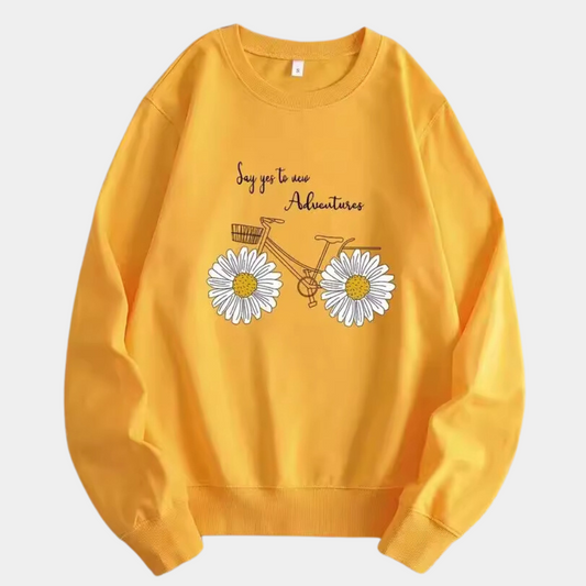 Women’s Daisy Bicycle Graphic Sweatshirt – Casual Crew-Neck Pullover for Everyday Adventures