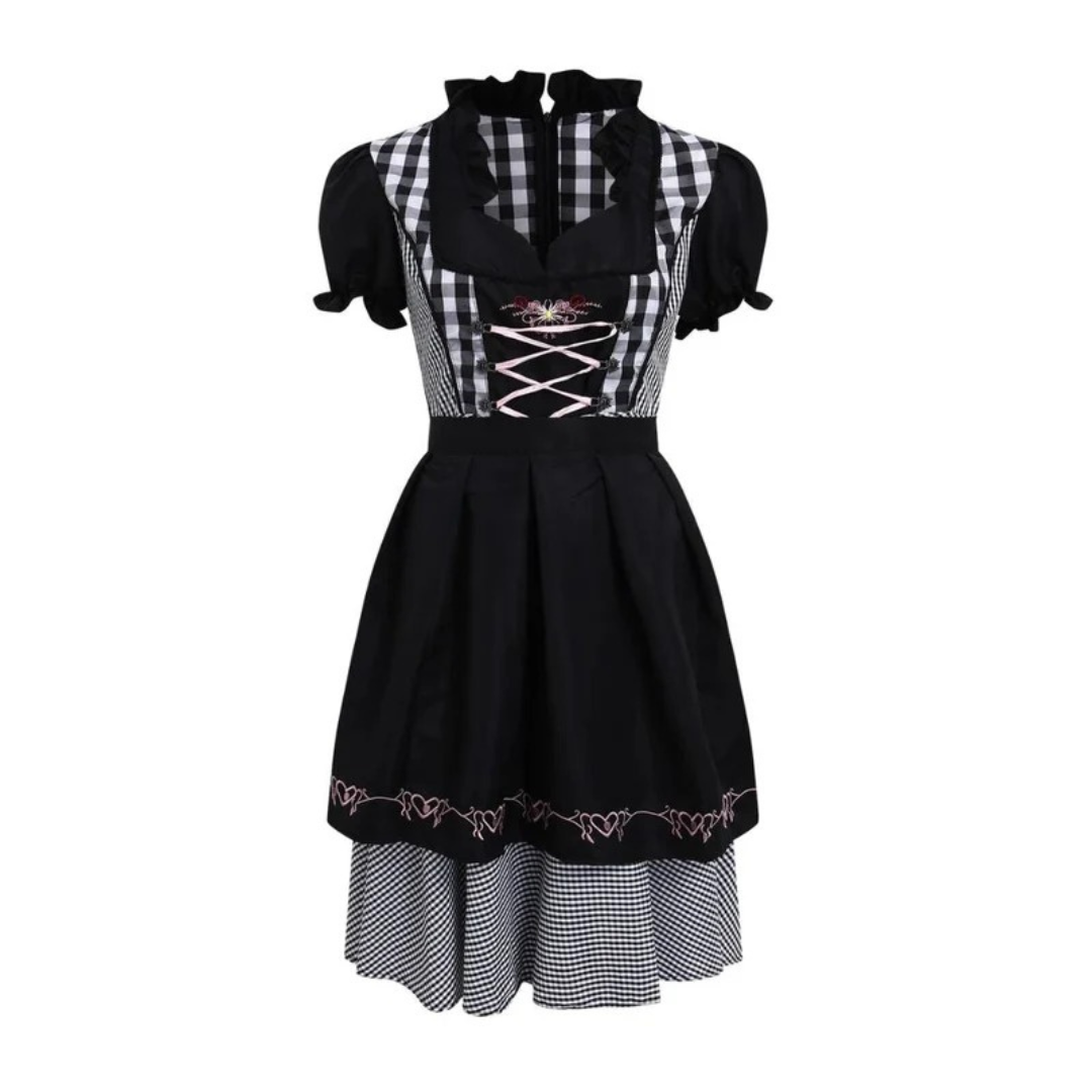 Women’s Ruffled Oktoberfest Dirndl – Puff Sleeve Folk Dress with Lace-Up Bodice