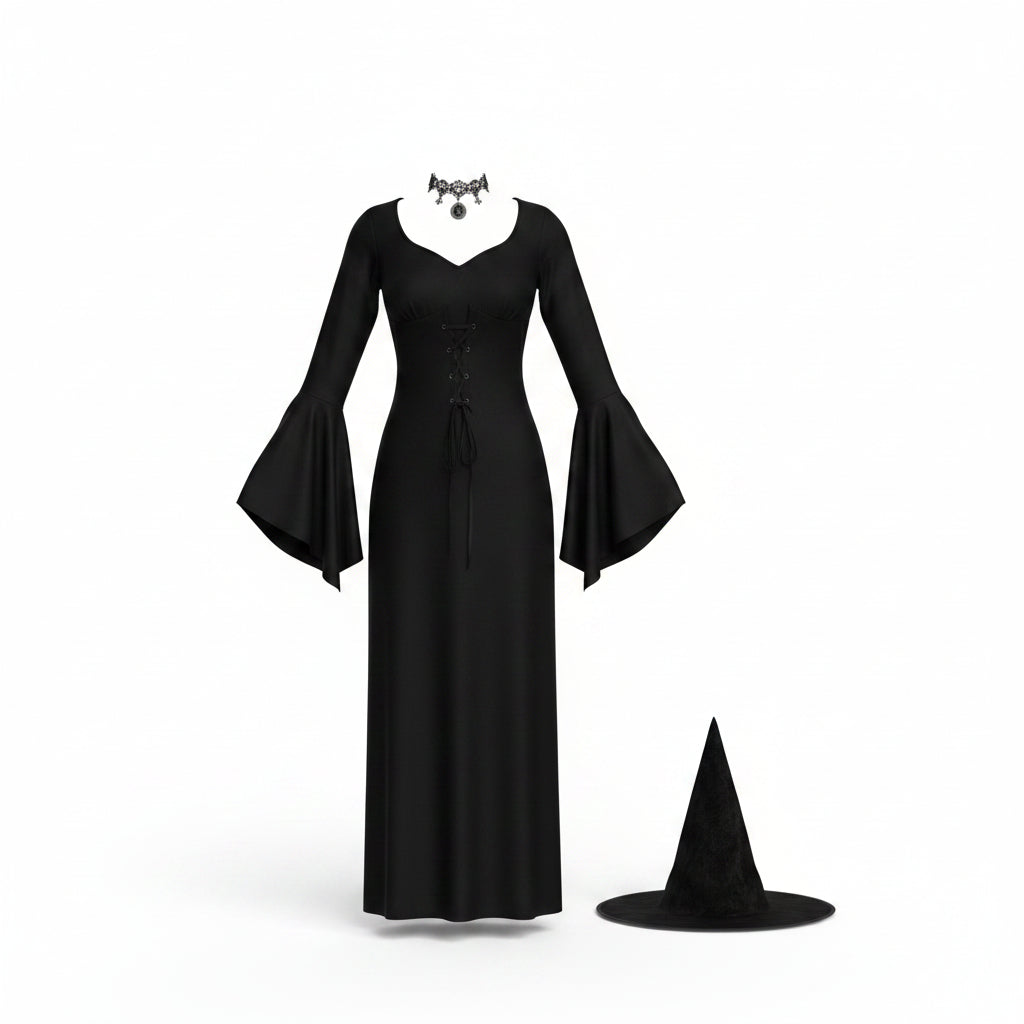 Women's Black Lace-Up Witch Dress and Hat Halloween Costume