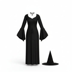 Women's Black Lace-Up Witch Dress and Hat Halloween Costume