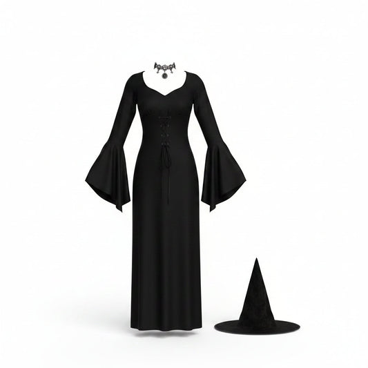 Women's Black Lace-Up Witch Dress and Hat Halloween Costume