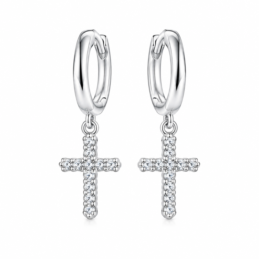 Pair of men's silver tone zircon cross earrings