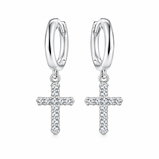Pair of men's silver tone zircon cross earrings