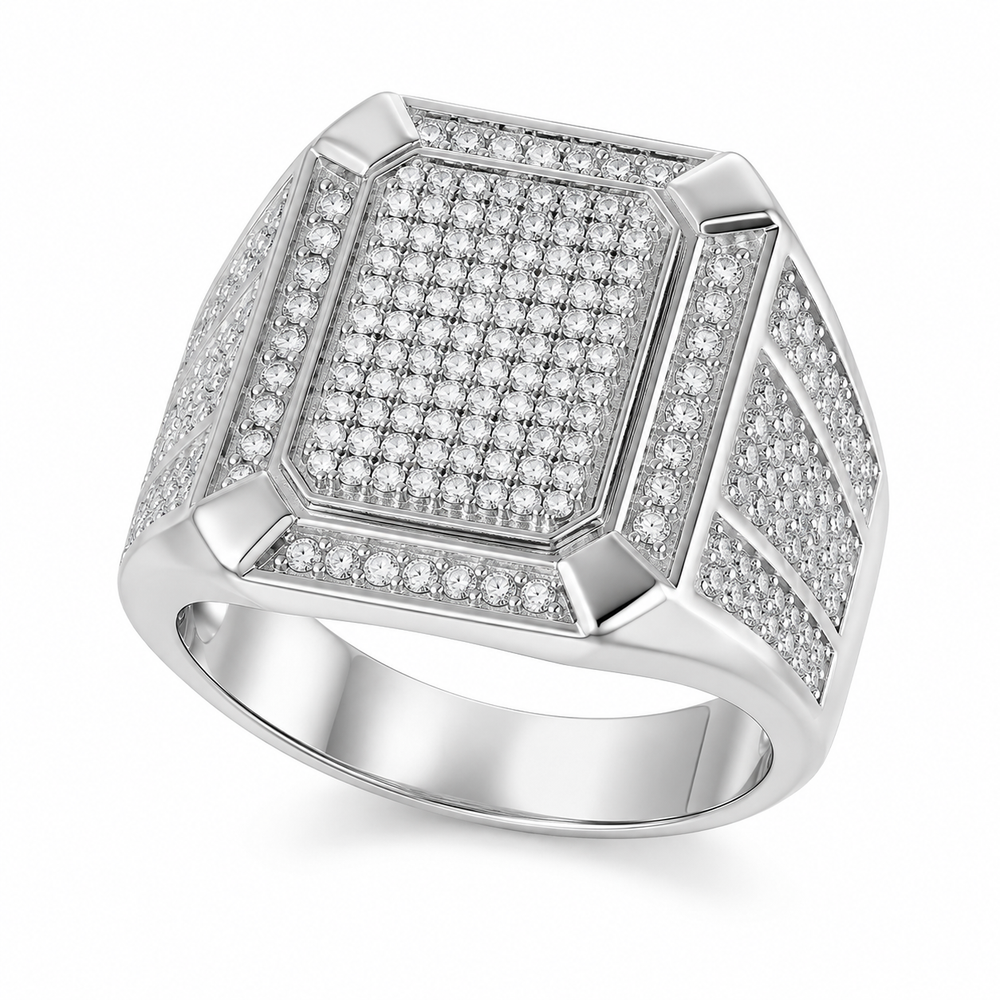 Men's silver tone zircon statement ring